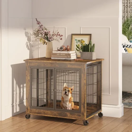 Wooden Dog Crate Furniture – 31.5" Dog Kennel End Table with 3 Doors, Flip-Up Top & Wheels
