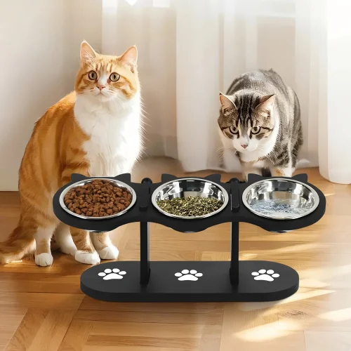 Elevated 15° Tilted Cat Food Bowls – 3 Stainless Steel Bowls with Wooden Stand (Anti-Vomiting Design)