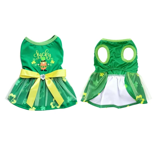 St Patrick s Day Green Dog Tutu Dress with Bow and Shamrock Print for Festive Party Celebrations